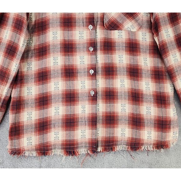 Idyll Wind Shirt Womens Large Red Cream Plaid Flannel Beaded Fringed Western Top - Picture 7 of 14